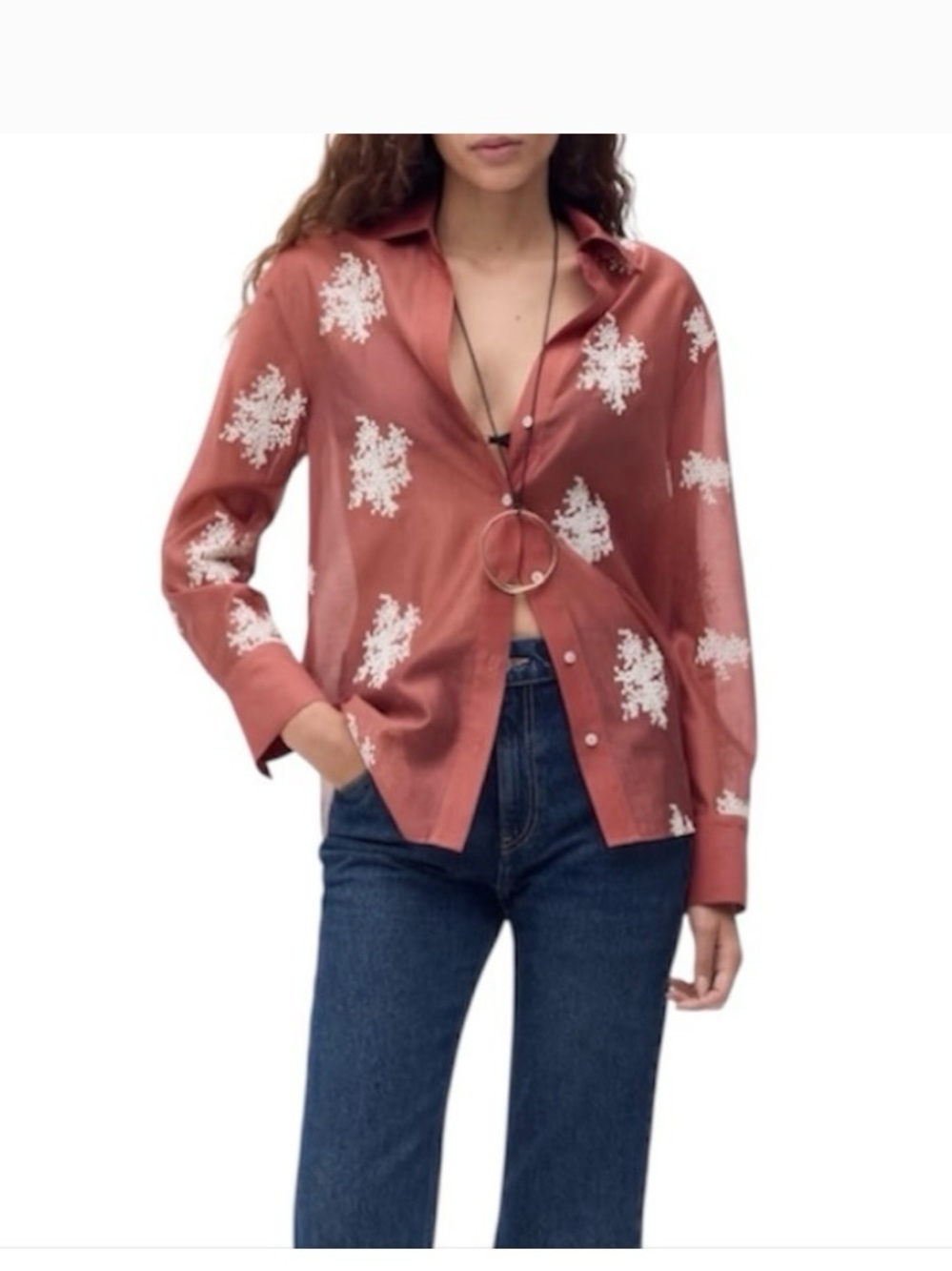 Mango Lyocell Rust Embroidered Button Down